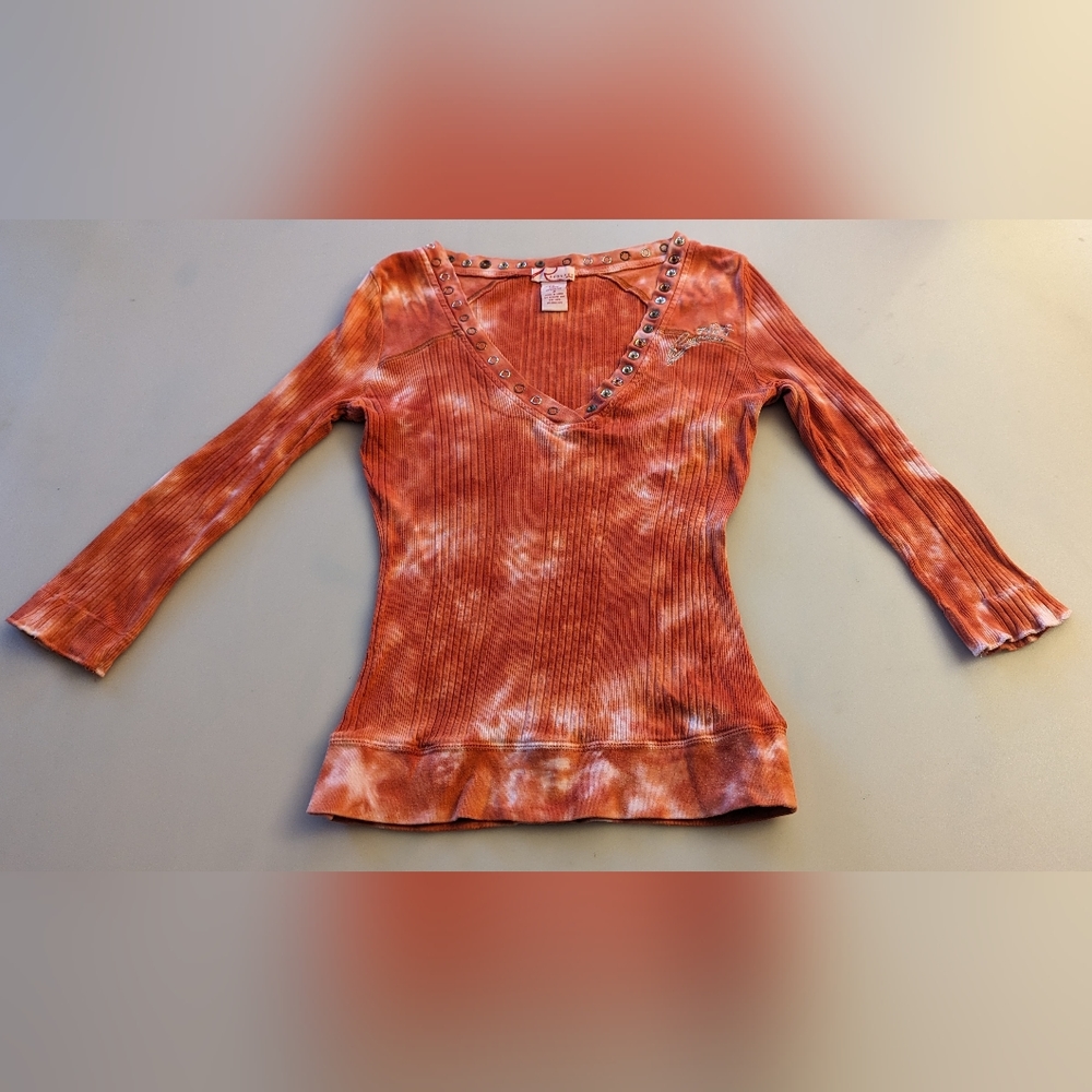 Request Jeans Bohemian Orange Tie Dye V-Neck 3/4 Sleeve Crop Top